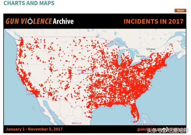 西征网:美国网站公布枪击案死亡分布图
